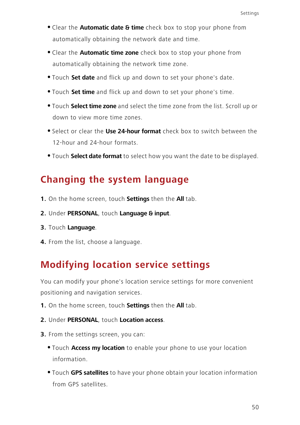 Changing the system language, Modifying location service settings | Huawei Ascend G6-U34 User Manual | Page 54 / 59