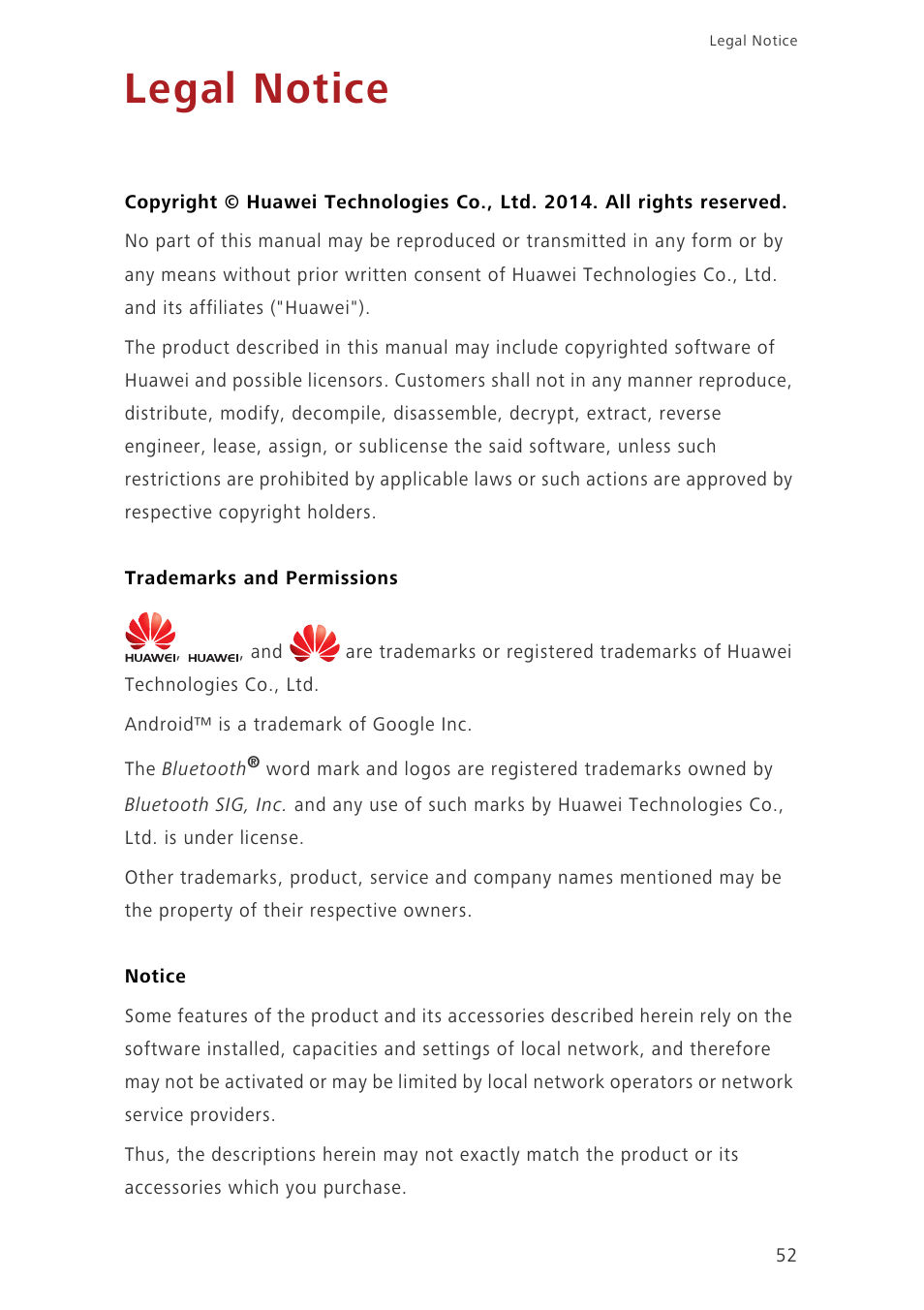 Legal notice, Trademarks and permissions, Notice | Huawei Ascend G6-U34 User Manual | Page 56 / 59