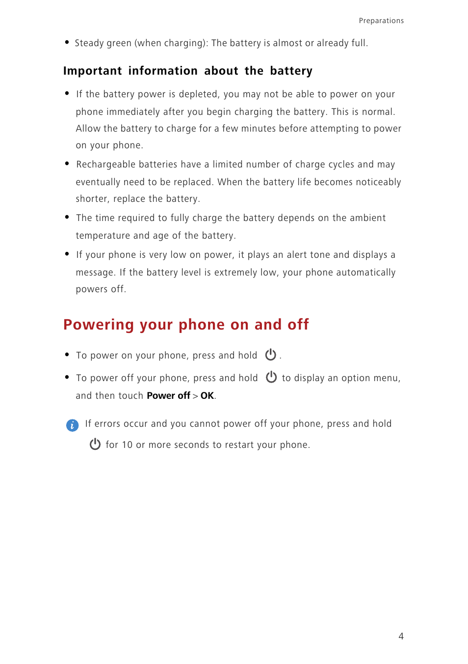 Important information about the battery, Powering your phone on and off | Huawei Ascend G6-U34 User Manual | Page 8 / 59