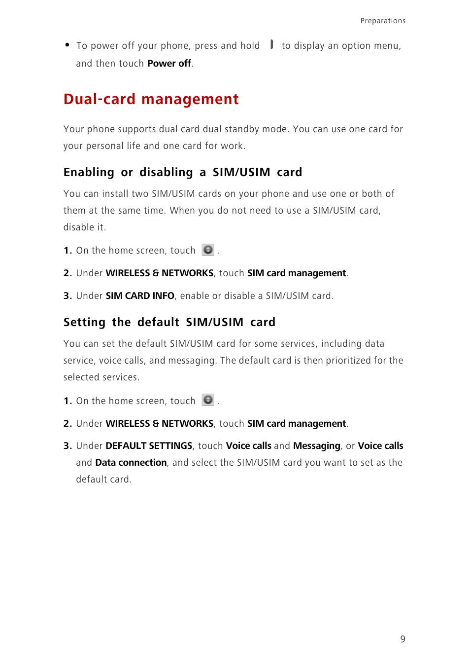 Dual-card management, Enabling or disabling a sim/usim card, Setting the default sim/usim card | Huawei Ascend G700-U10 User Manual | Page 14 / 98