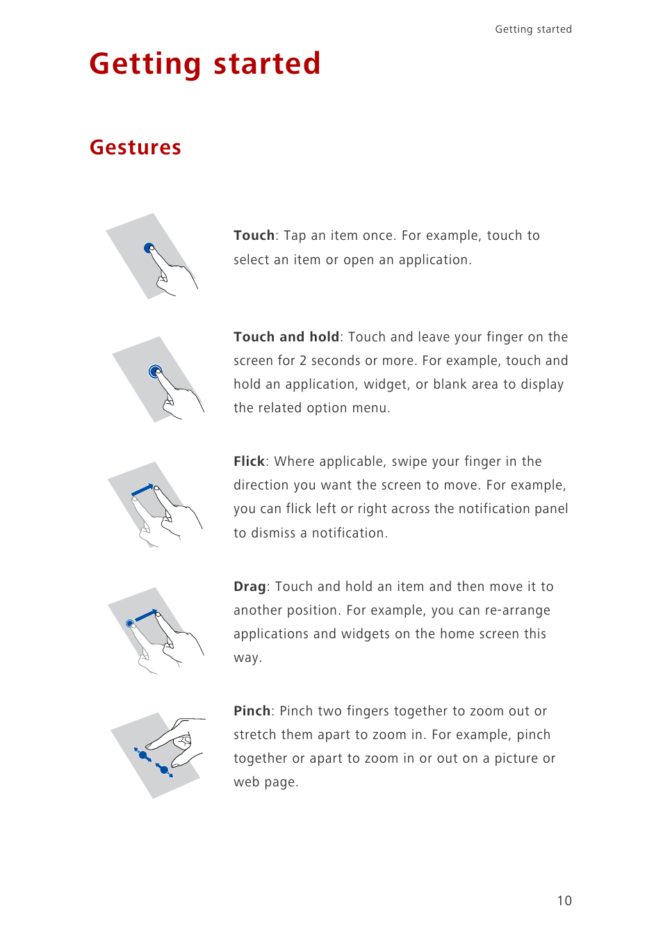 Getting started, Gestures | Huawei Ascend G700-U10 User Manual | Page 15 / 98