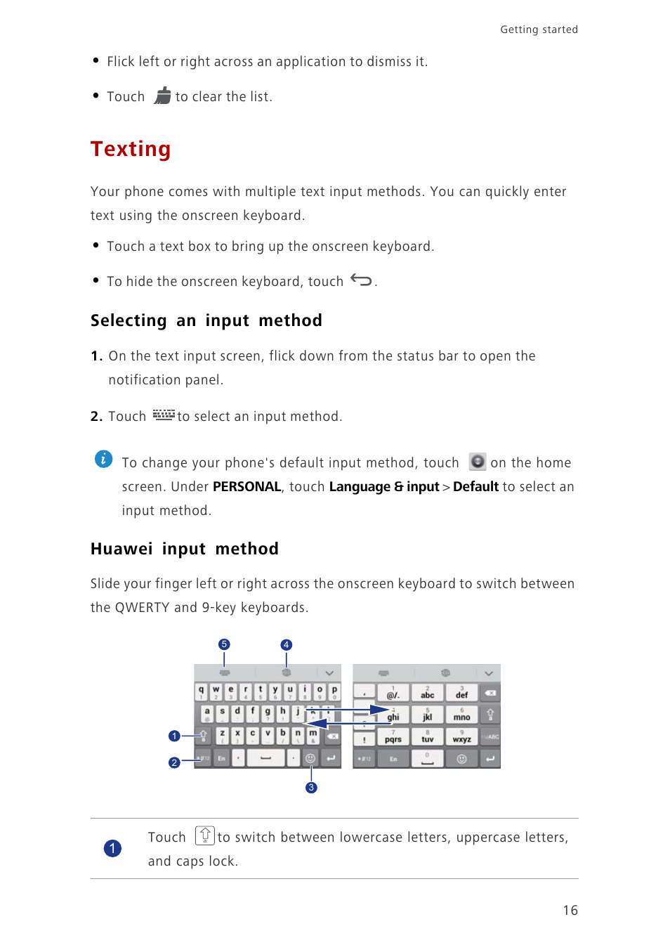 Texting, Selecting an input method, Huawei input method | Huawei Ascend G700-U10 User Manual | Page 21 / 98