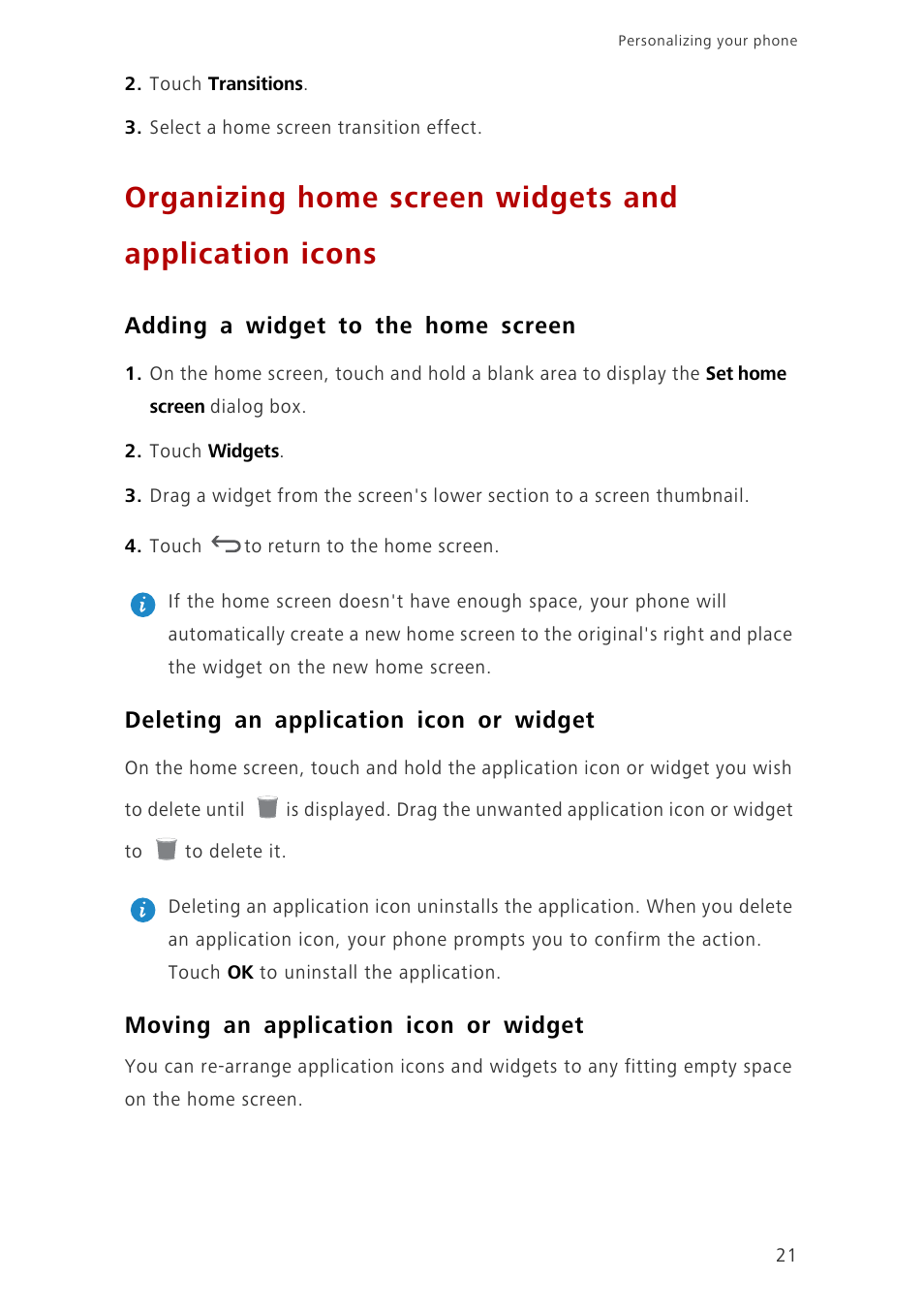 Adding a widget to the home screen, Deleting an application icon or widget, Moving an application icon or widget | Huawei Ascend G700-U10 User Manual | Page 26 / 98
