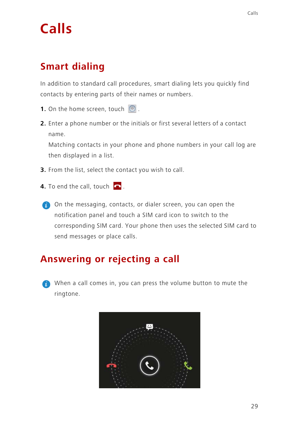 Calls, Smart dialing, Answering or rejecting a call | Huawei Ascend G700-U10 User Manual | Page 34 / 98