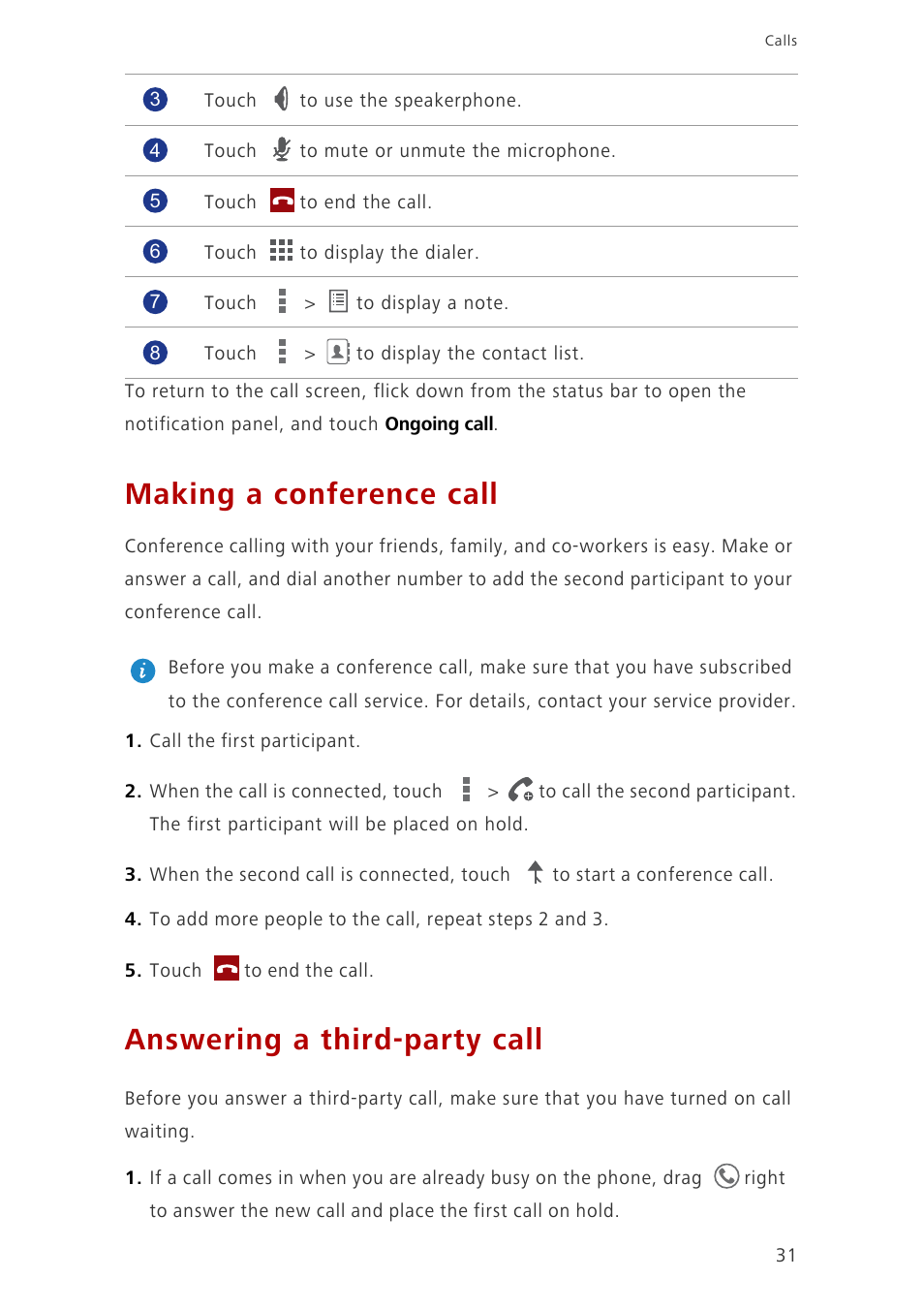Making a conference call, Answering a third-party call | Huawei Ascend G700-U10 User Manual | Page 36 / 98