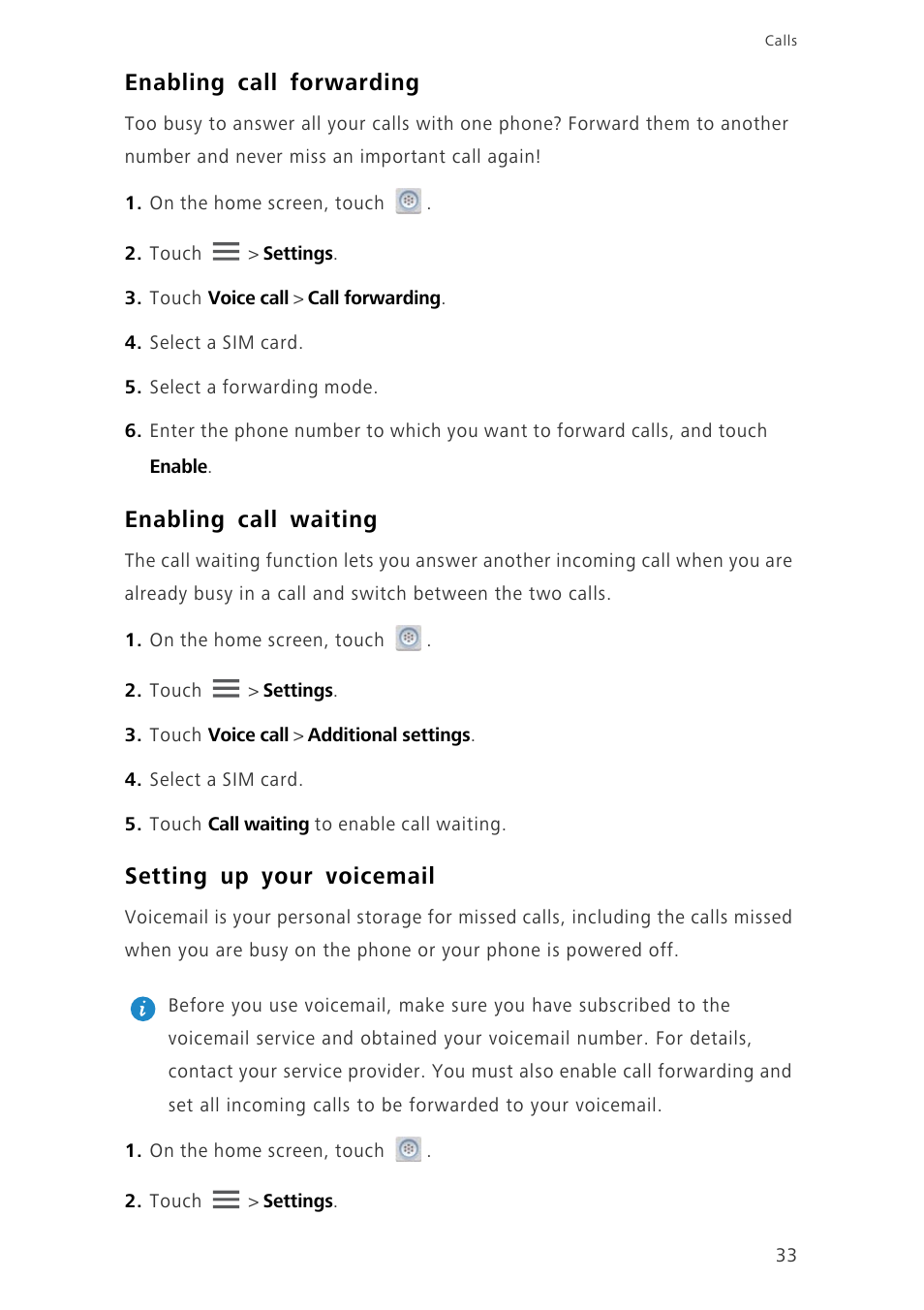 Enabling call forwarding, Enabling call waiting, Setting up your voicemail | Huawei Ascend G700-U10 User Manual | Page 38 / 98