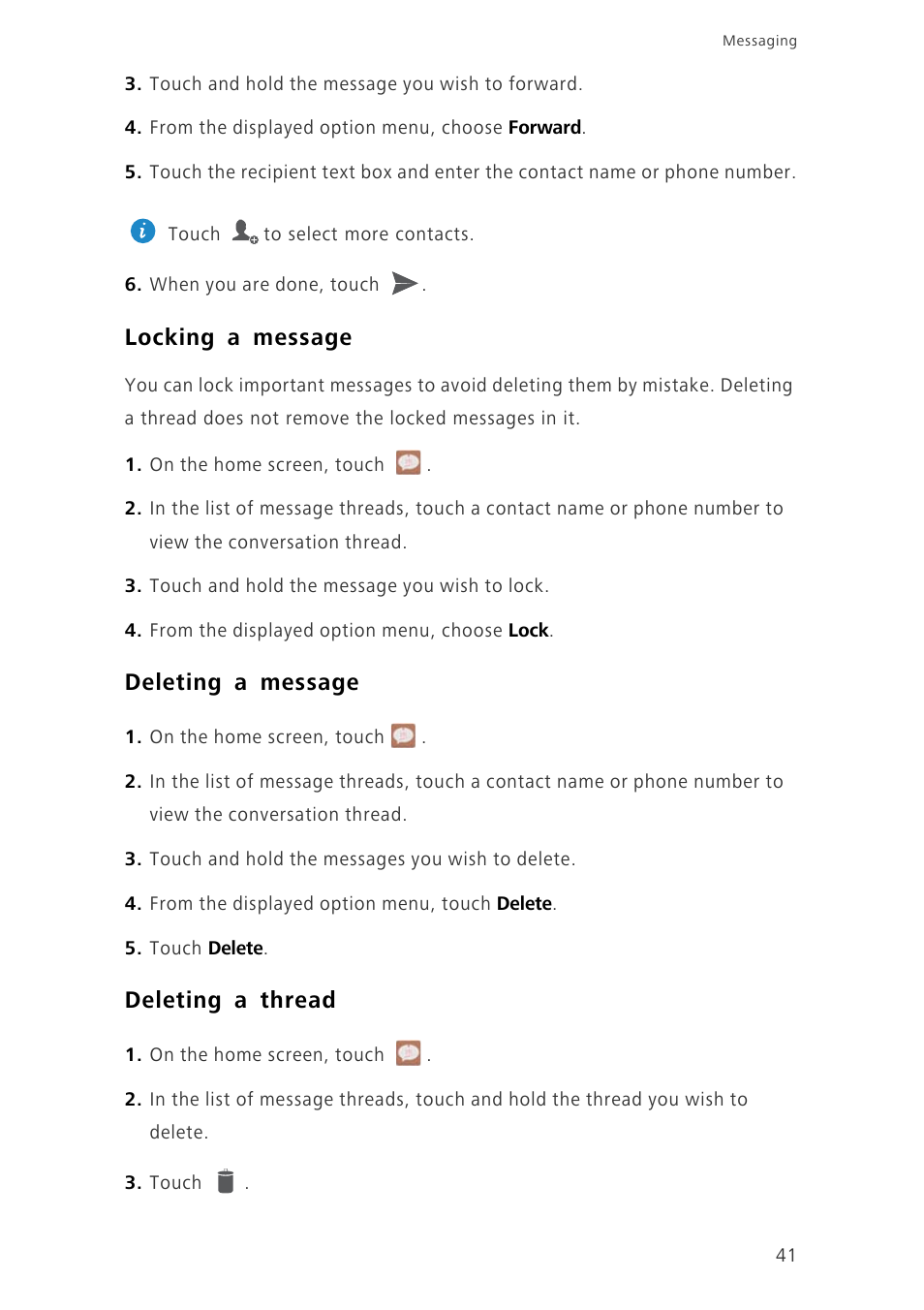 Locking a message, Deleting a message, Deleting a thread | Huawei Ascend G700-U10 User Manual | Page 46 / 98