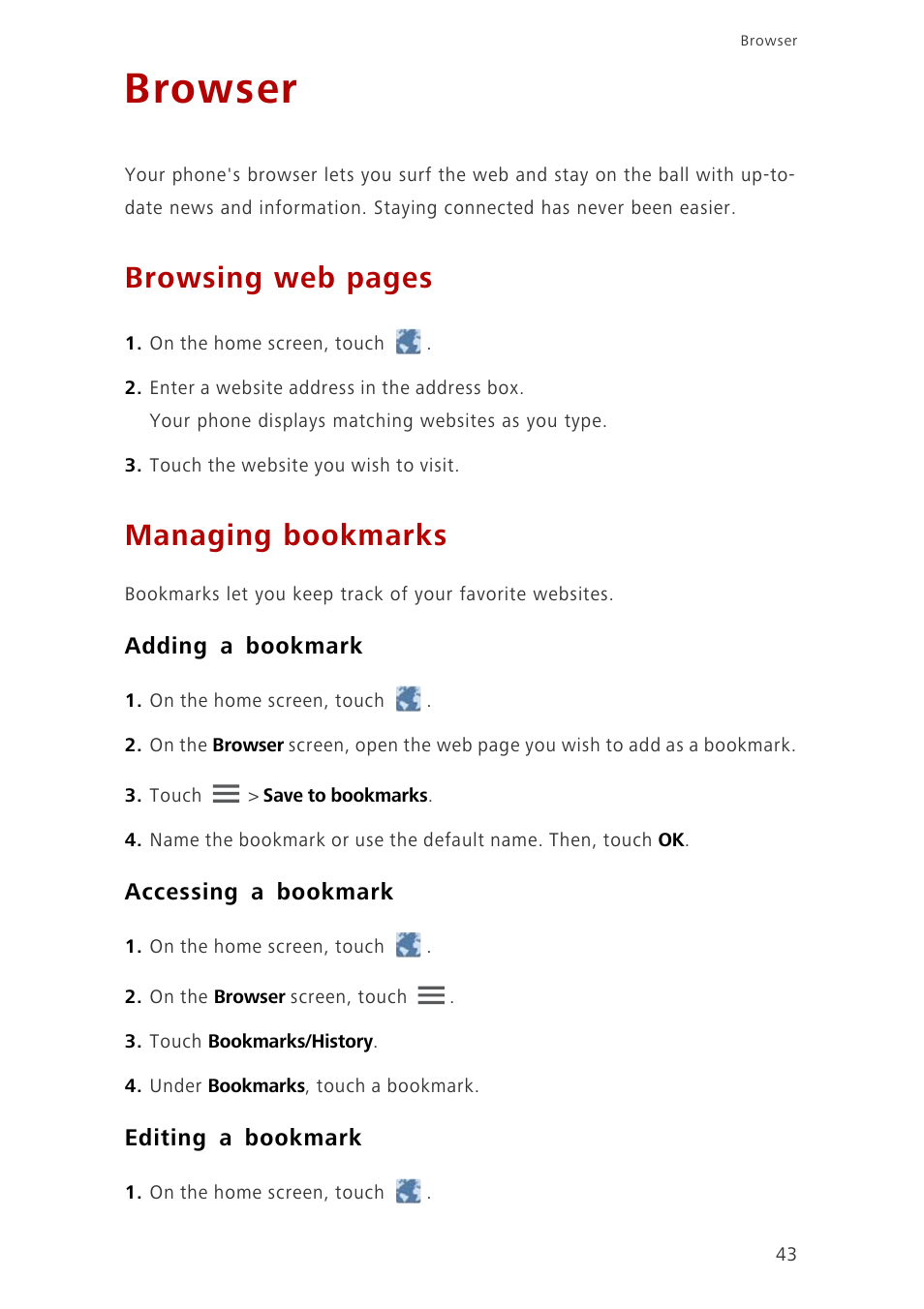 Browser, Managing bookmarks, Adding a bookmark | Accessing a bookmark, Editing a bookmark, Browsing web pages | Huawei Ascend G700-U10 User Manual | Page 48 / 98