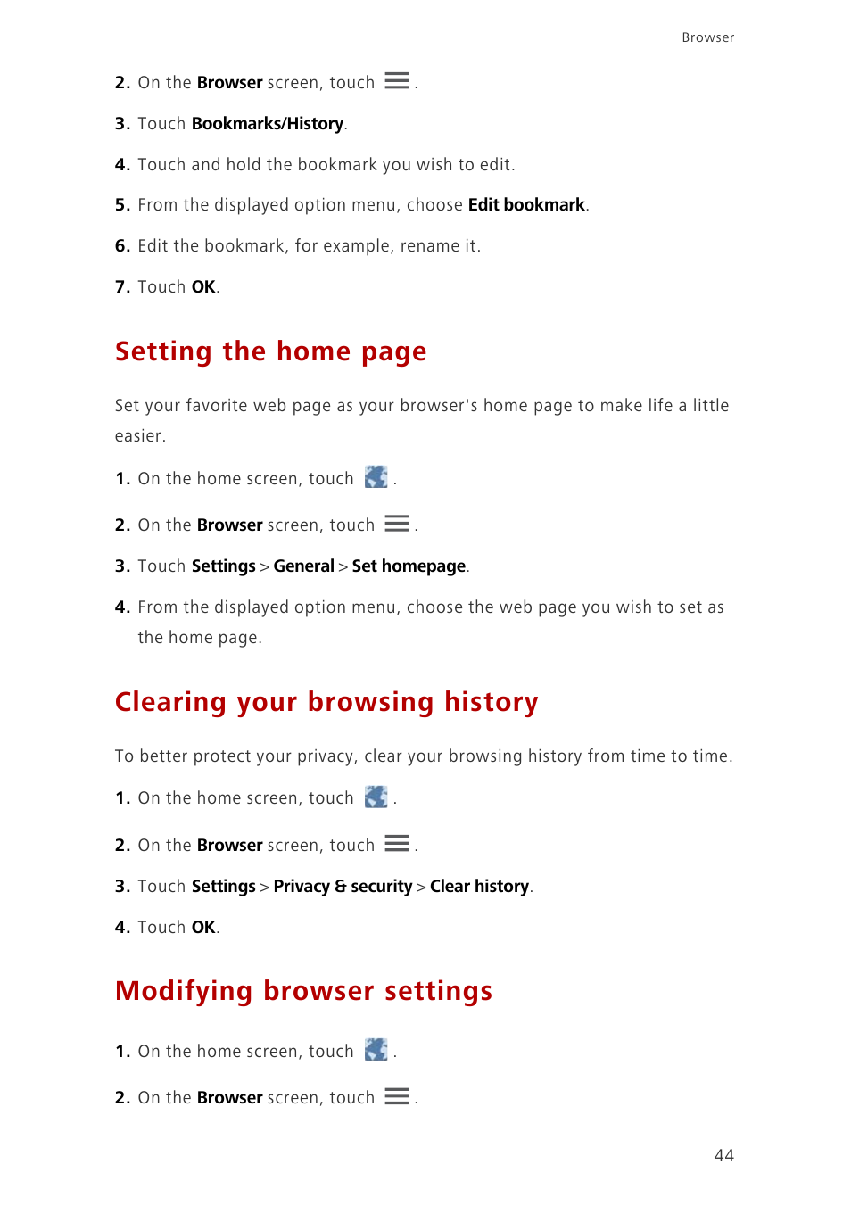Clearing your browsing history, Modifying browser settings, Setting the home page | Huawei Ascend G700-U10 User Manual | Page 49 / 98