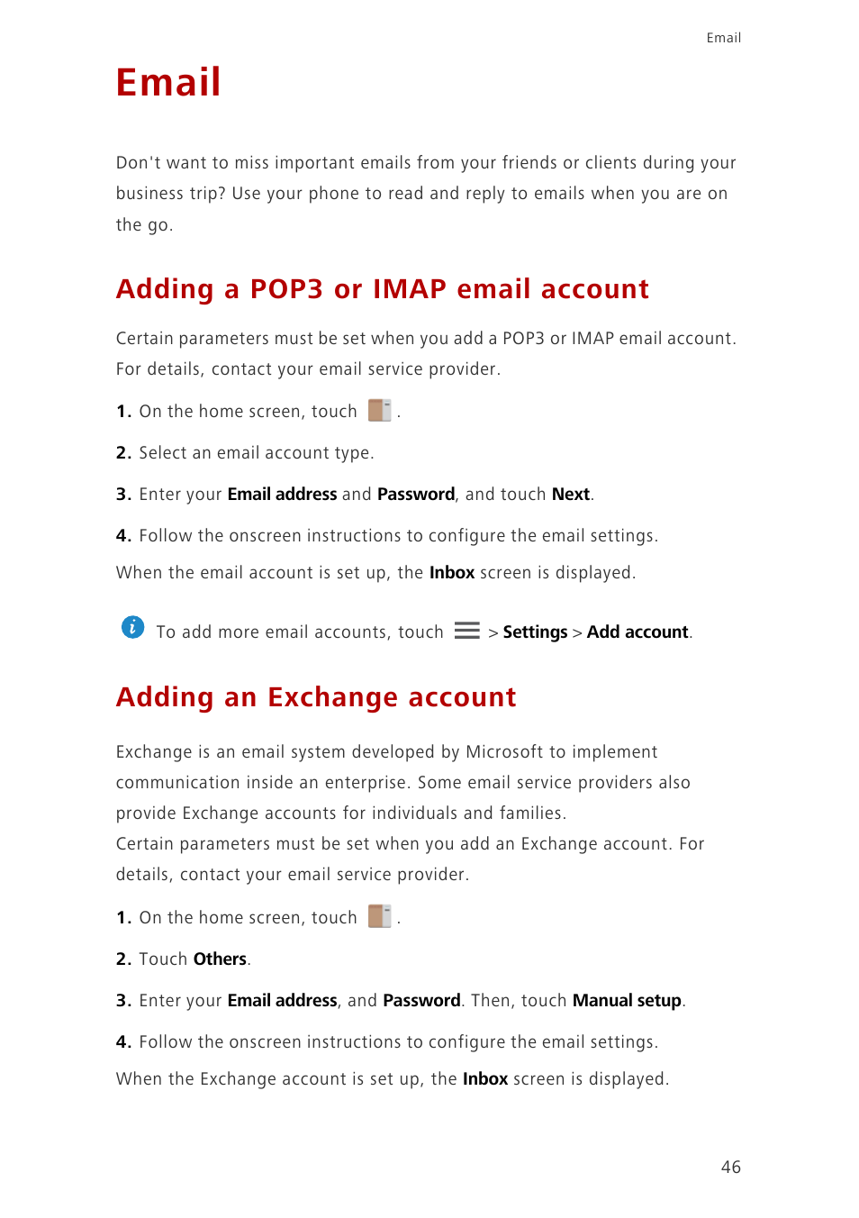Email, Adding a pop3 or imap email account, Adding an exchange account | Huawei Ascend G700-U10 User Manual | Page 51 / 98