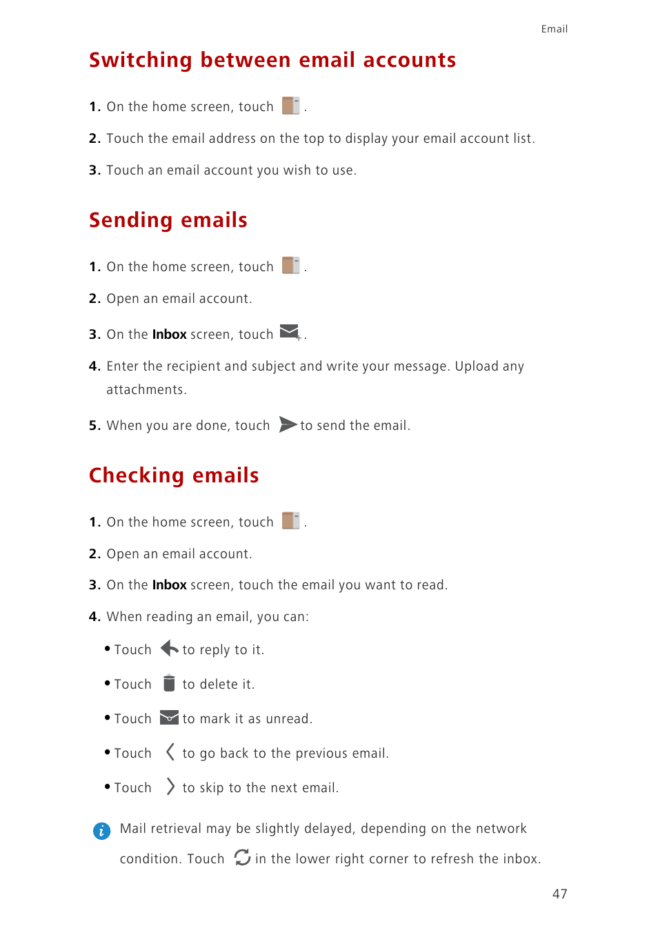 Switching between email accounts, Sending emails, Checking emails | Huawei Ascend G700-U10 User Manual | Page 52 / 98