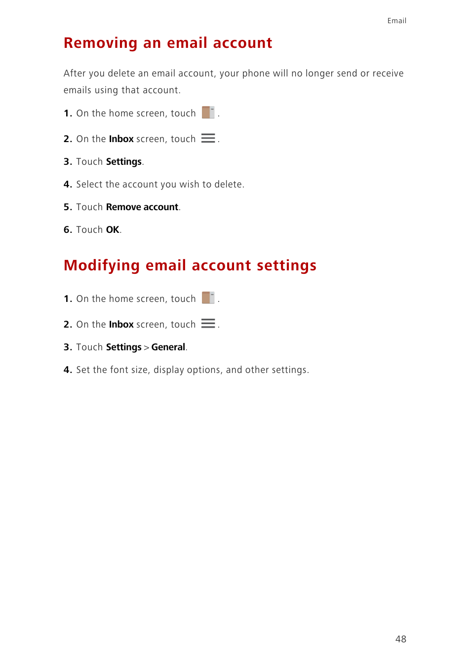 Removing an email account, Modifying email account settings | Huawei Ascend G700-U10 User Manual | Page 53 / 98