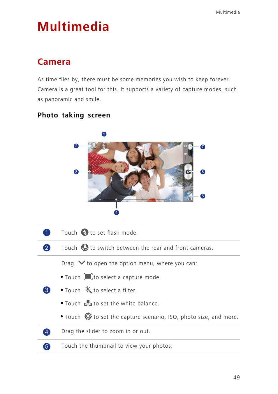 Multimedia, Camera, Photo taking screen | Huawei Ascend G700-U10 User Manual | Page 54 / 98