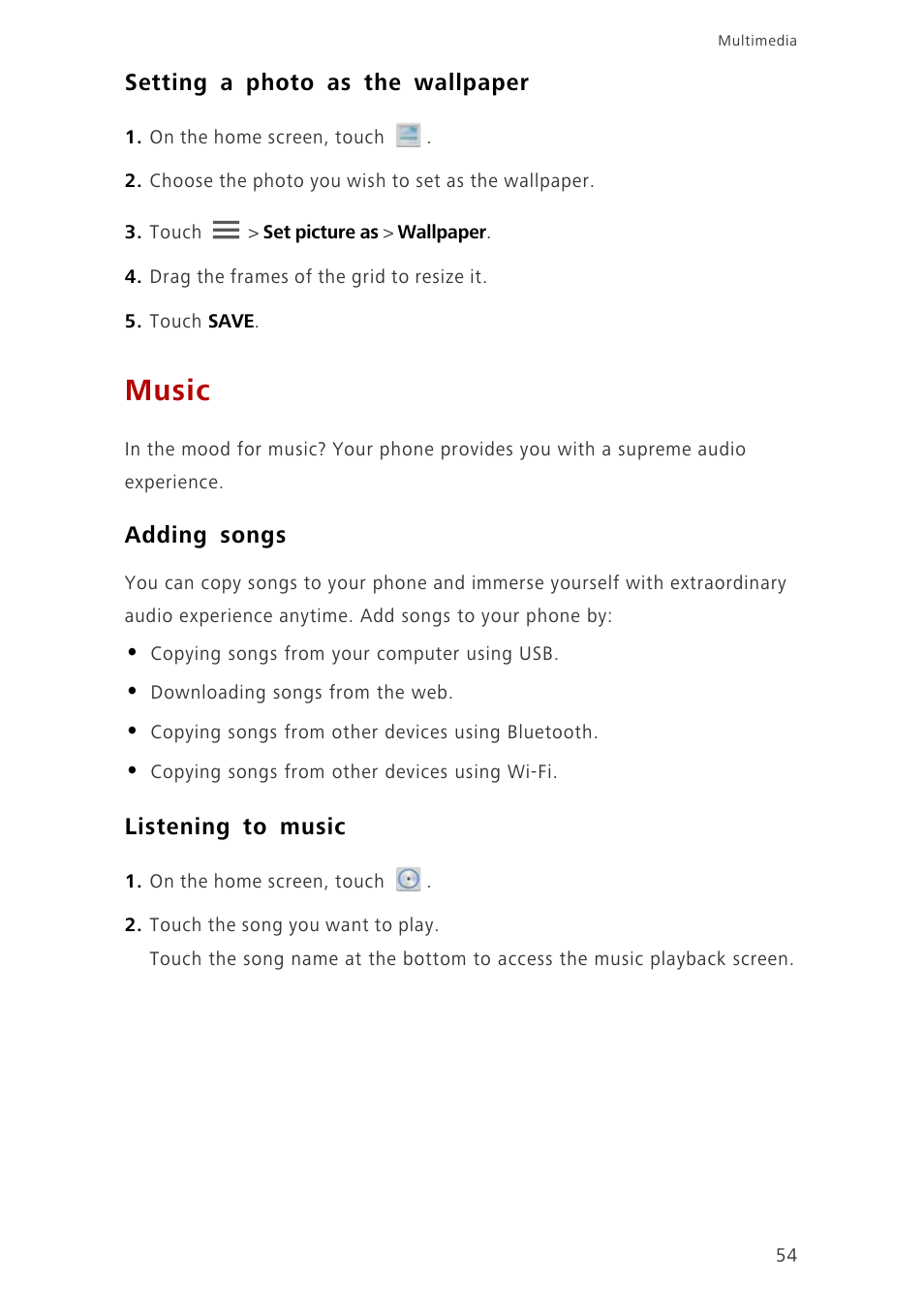 Setting a photo as the wallpaper, Music, Adding songs | Listening to music | Huawei Ascend G700-U10 User Manual | Page 59 / 98