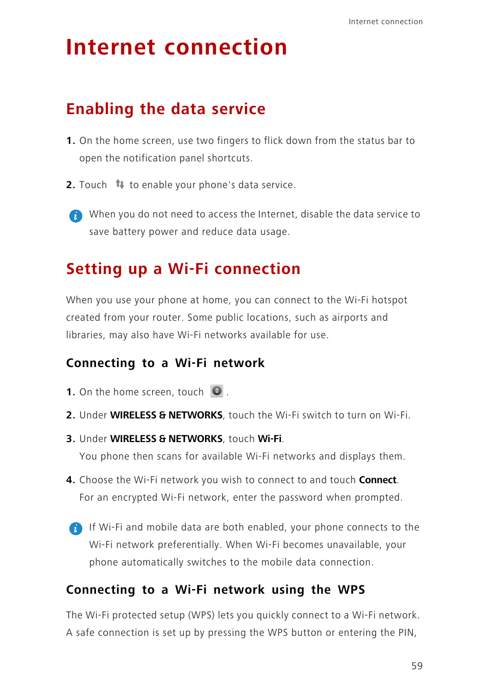 Internet connection, Enabling the data service, Setting up a wi-fi connection | Connecting to a wi-fi network, Connecting to a wi-fi network using the wps | Huawei Ascend G700-U10 User Manual | Page 64 / 98