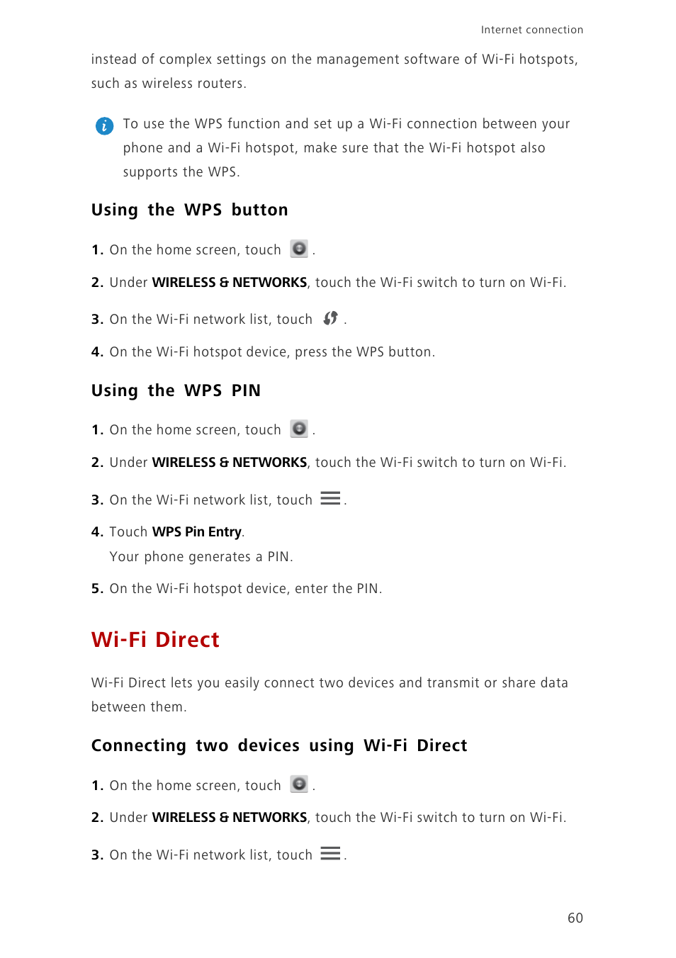 Using the wps button, Using the wps pin, Wi-fi direct | Connecting two devices using wi-fi direct | Huawei Ascend G700-U10 User Manual | Page 65 / 98