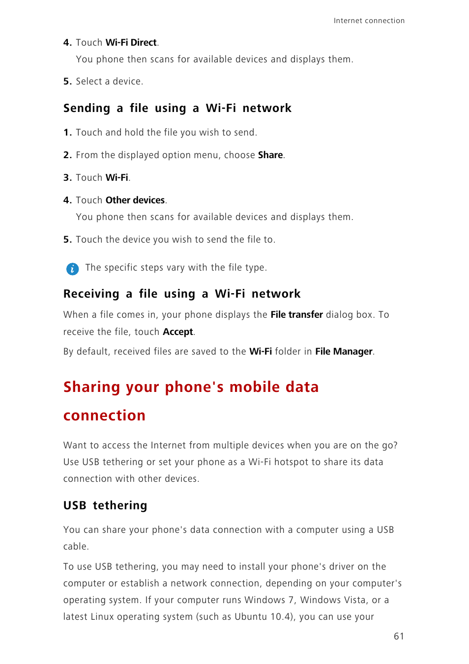 Sending a file using a wi-fi network, Receiving a file using a wi-fi network, Sharing your phone's mobile data connection | Usb tethering | Huawei Ascend G700-U10 User Manual | Page 66 / 98