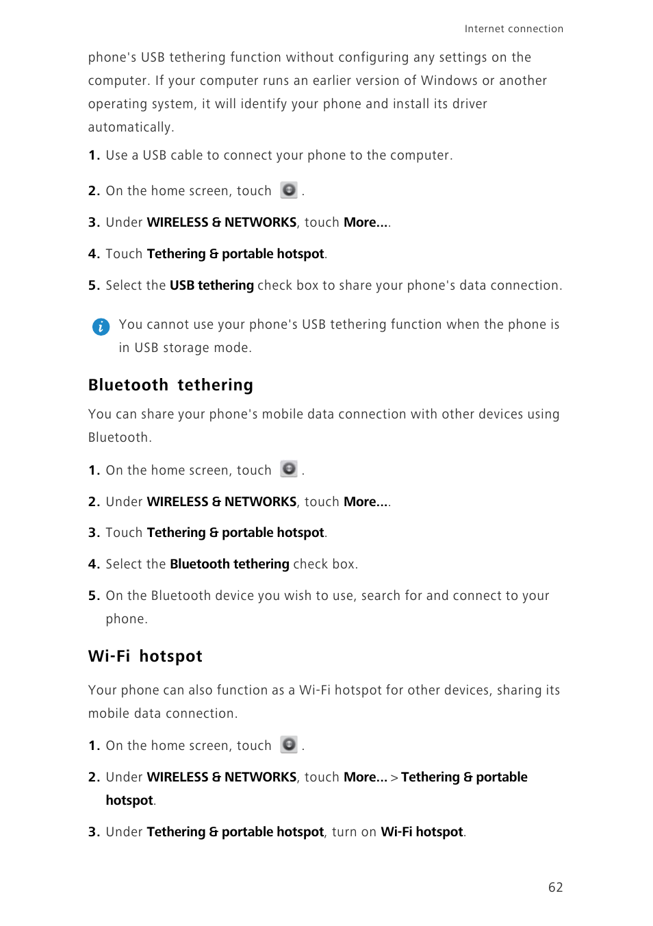 Bluetooth tethering, Wi-fi hotspot | Huawei Ascend G700-U10 User Manual | Page 67 / 98