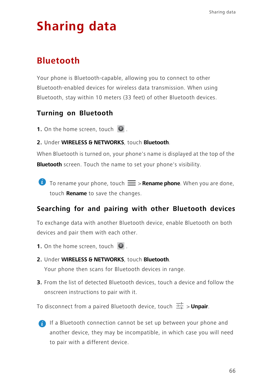 Sharing data, Bluetooth, Turning on bluetooth | Huawei Ascend G700-U10 User Manual | Page 71 / 98