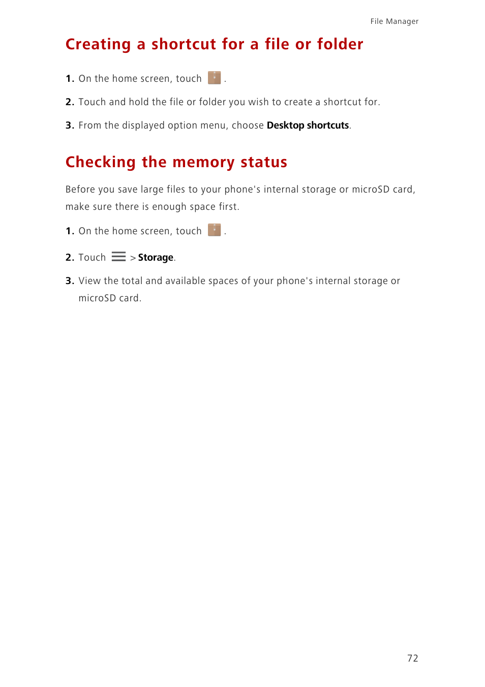 Creating a shortcut for a file or folder, Checking the memory status | Huawei Ascend G700-U10 User Manual | Page 77 / 98