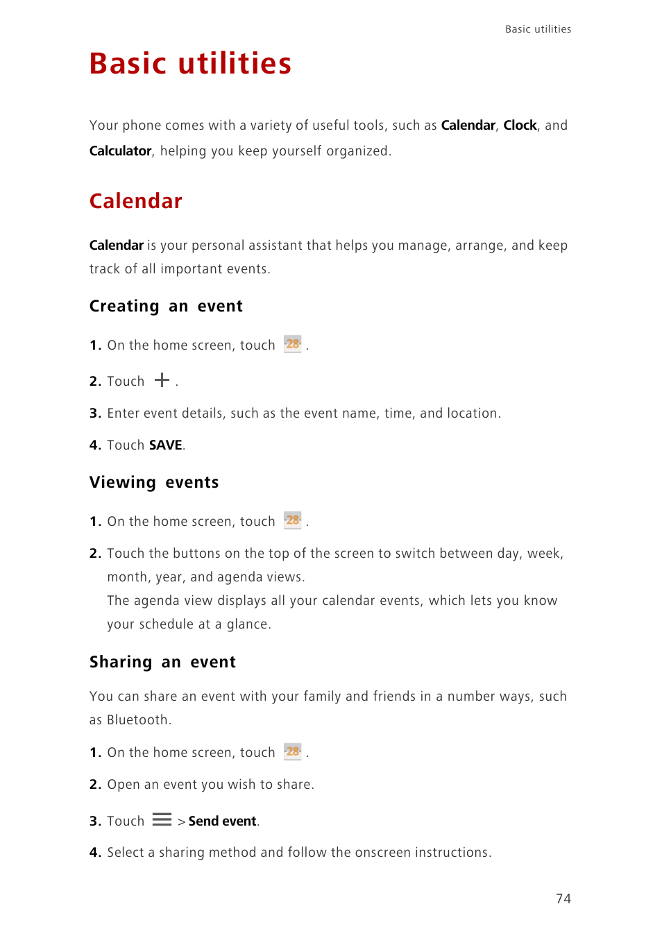 Basic utilities, Calendar, Creating an event | Viewing events, Sharing an event | Huawei Ascend G700-U10 User Manual | Page 79 / 98