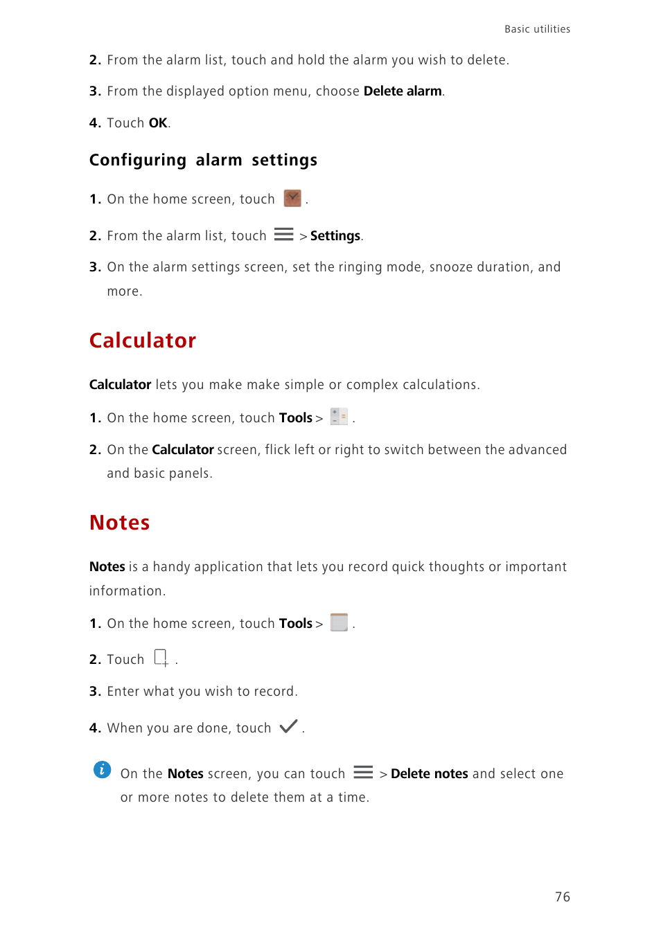 Configuring alarm settings, Calculator, Notes | Huawei Ascend G700-U10 User Manual | Page 81 / 98