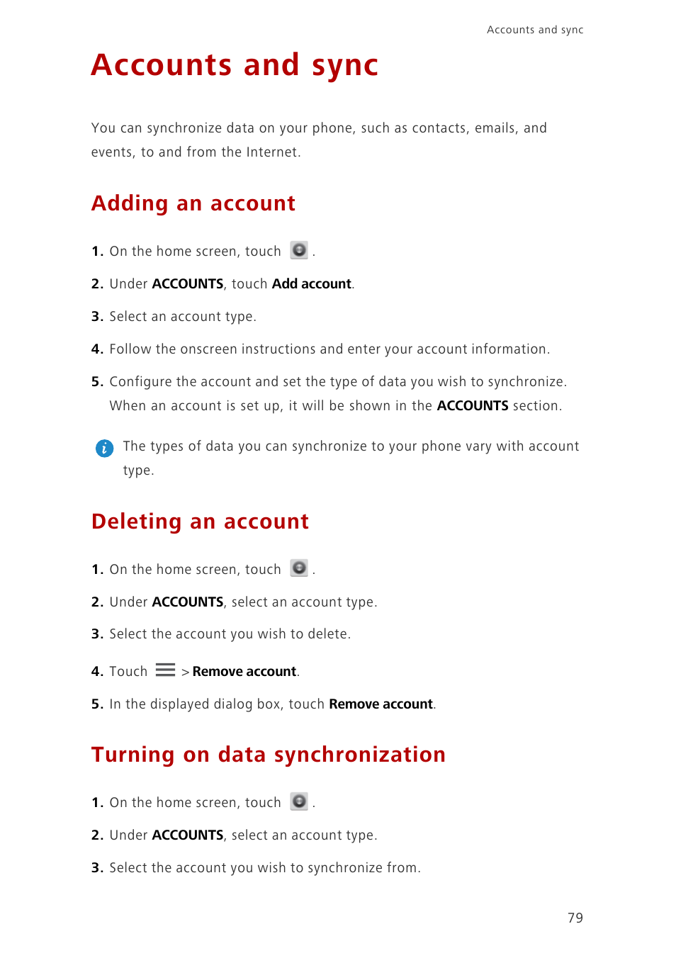 Accounts and sync, Adding an account, Deleting an account | Turning on data synchronization | Huawei Ascend G700-U10 User Manual | Page 84 / 98