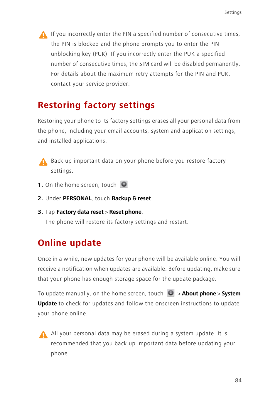 Restoring factory settings, Online update | Huawei Ascend G700-U10 User Manual | Page 89 / 98