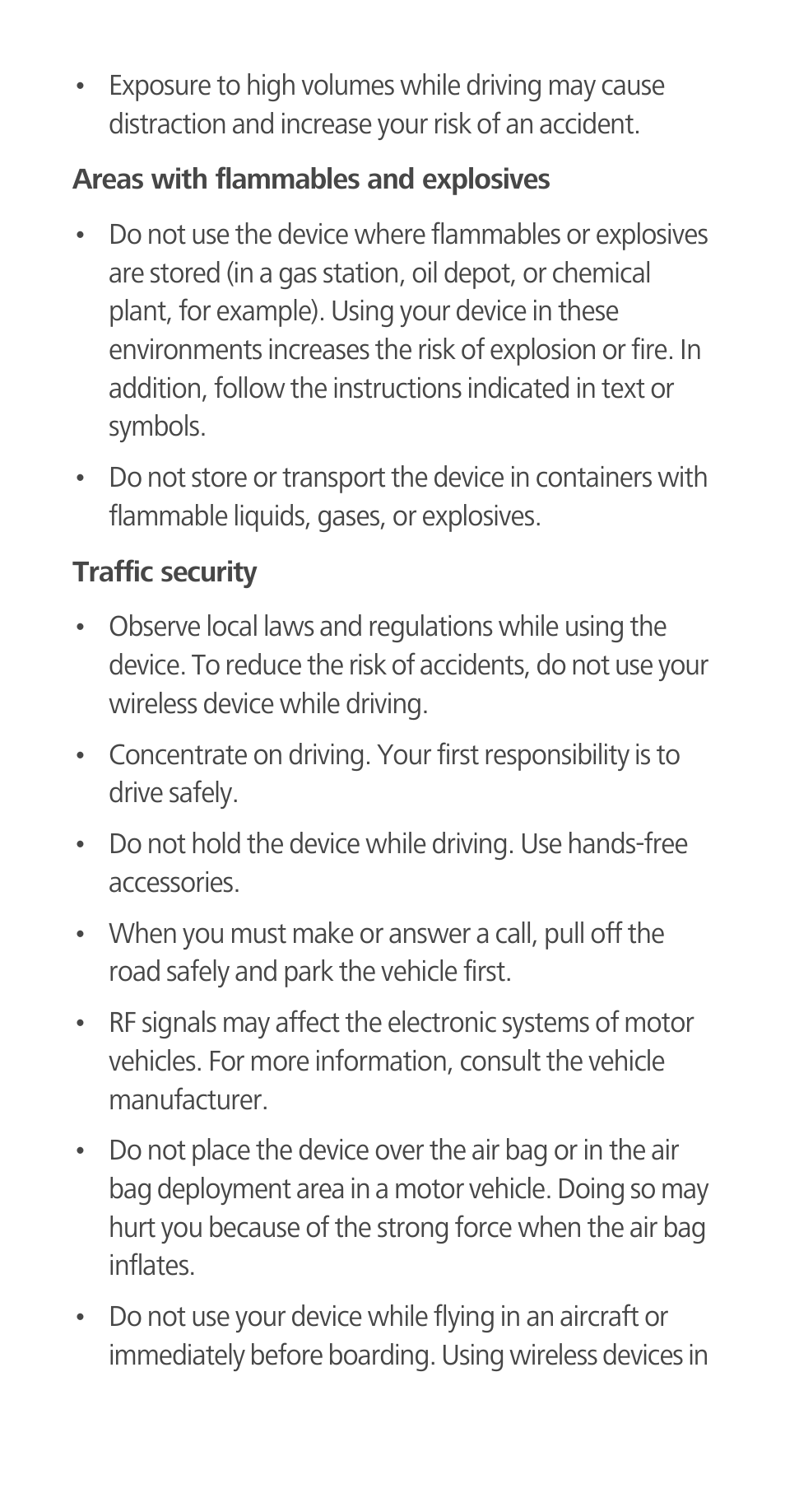 Areas with flammables and explosives, Traffic security | Huawei Ascend G700-U10 User Manual | Page 16 / 32