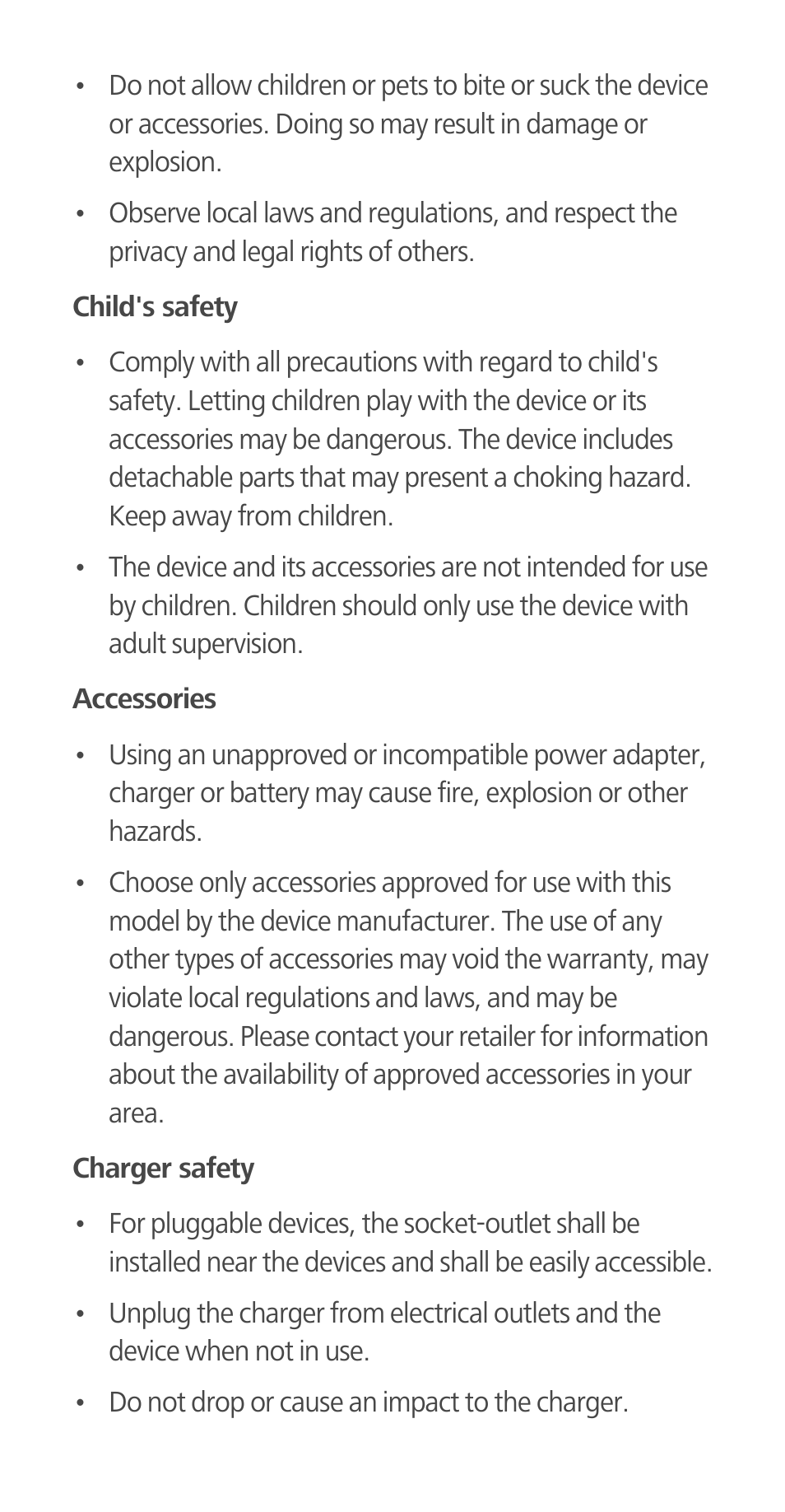 Child's safety, Accessories, Charger safety | Huawei Ascend G700-U10 User Manual | Page 18 / 32
