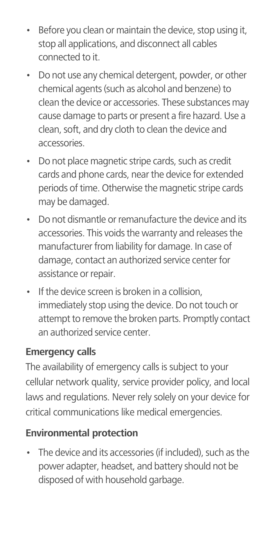 Emergency calls, Environmental protection | Huawei Ascend G700-U10 User Manual | Page 21 / 32