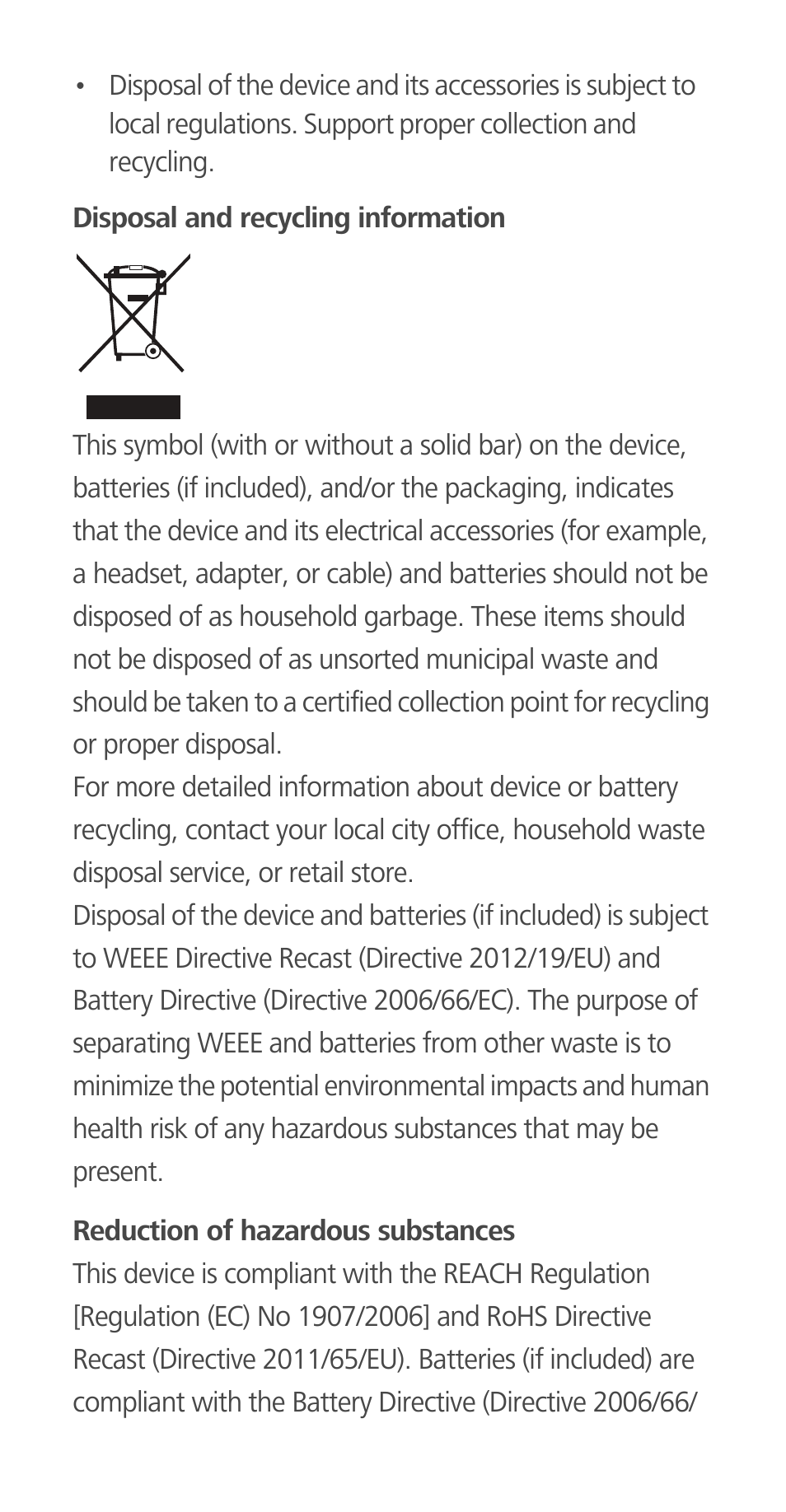 Disposal and recycling information, Reduction of hazardous substances | Huawei Ascend G700-U10 User Manual | Page 22 / 32