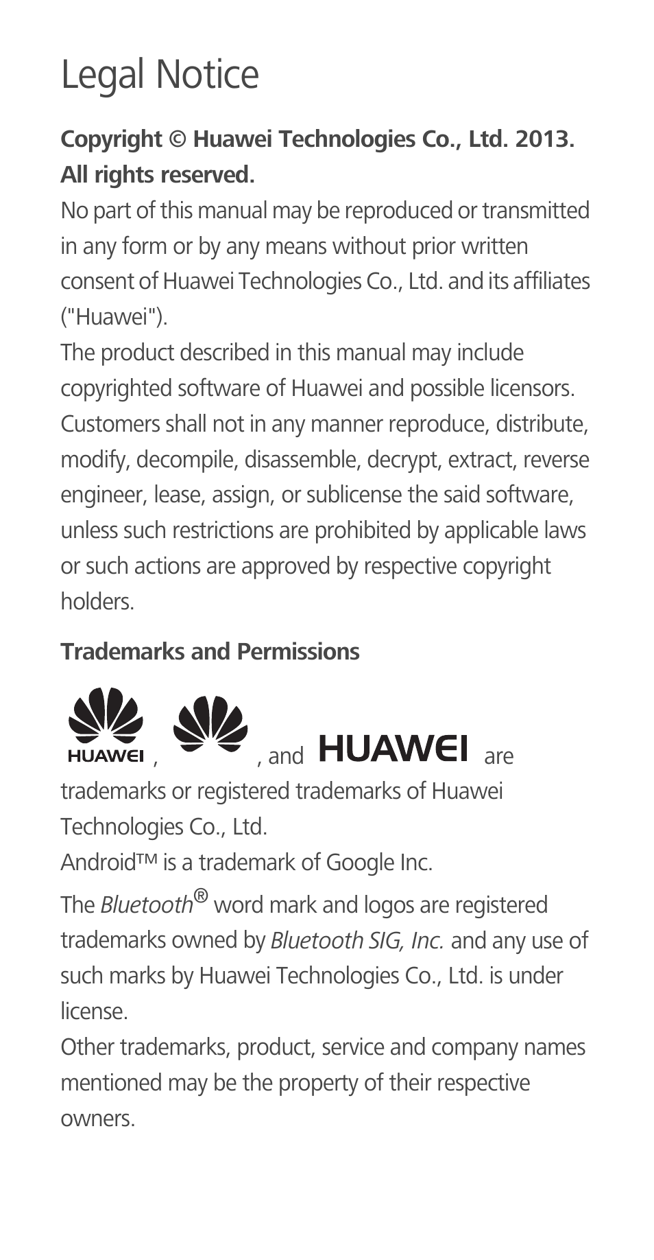 Legal notice, Trademarks and permissions | Huawei Ascend G700-U10 User Manual | Page 28 / 32
