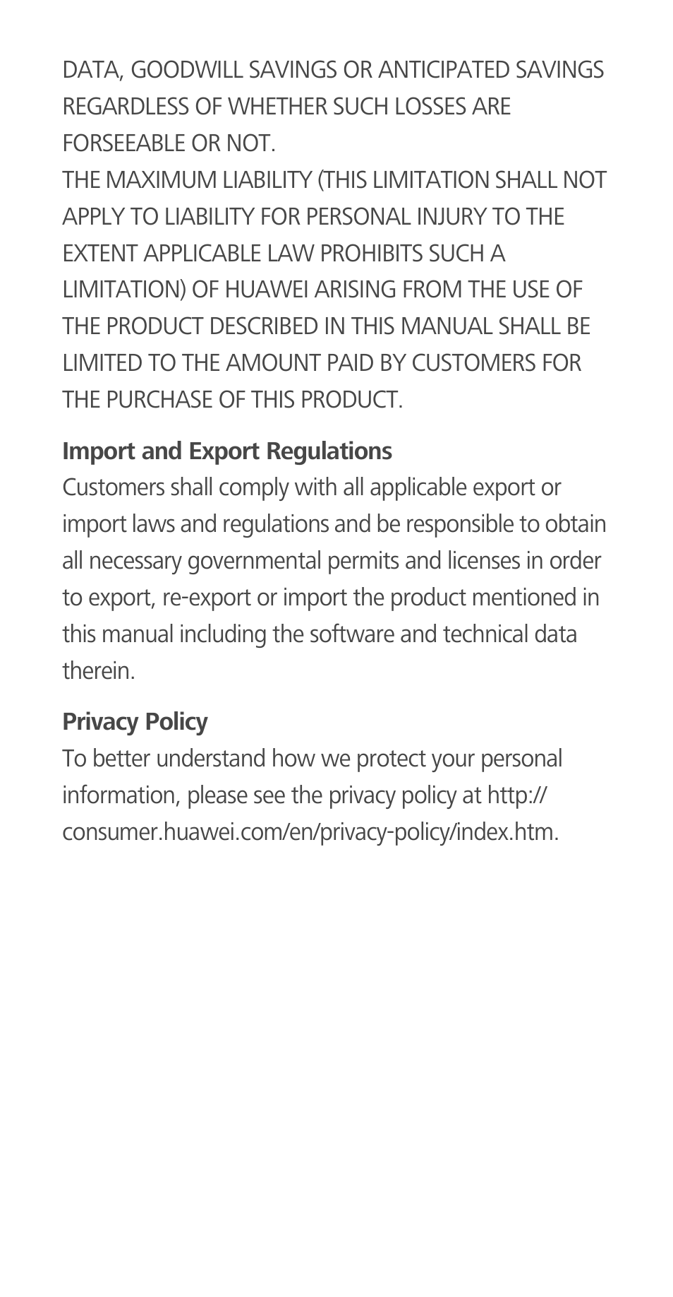 Import and export regulations, Privacy policy | Huawei Ascend G700-U10 User Manual | Page 31 / 32