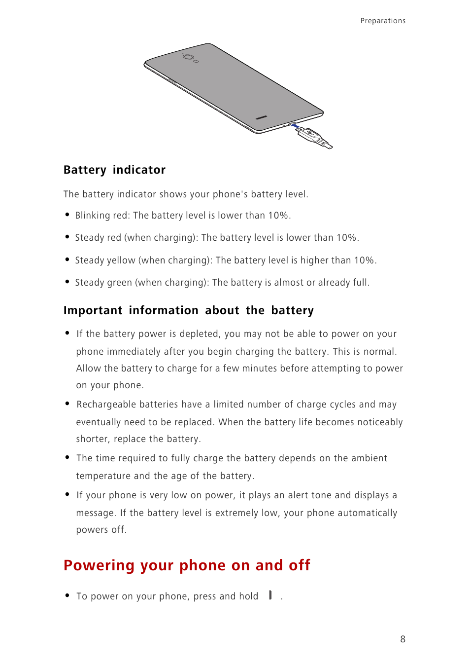 Battery indicator, Important information about the battery, Powering your phone on and off | Huawei Ascend G700-U20 User Manual | Page 13 / 98