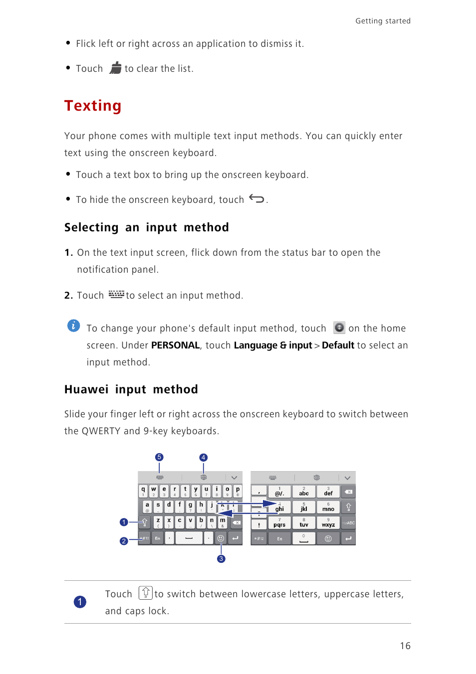 Texting, Selecting an input method, Huawei input method | Huawei Ascend G700-U20 User Manual | Page 21 / 98