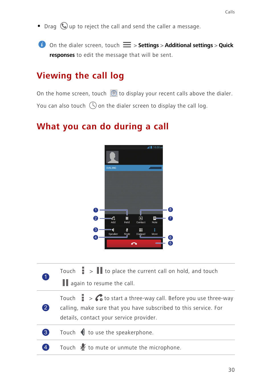 Viewing the call log, What you can do during a call | Huawei Ascend G700-U20 User Manual | Page 35 / 98