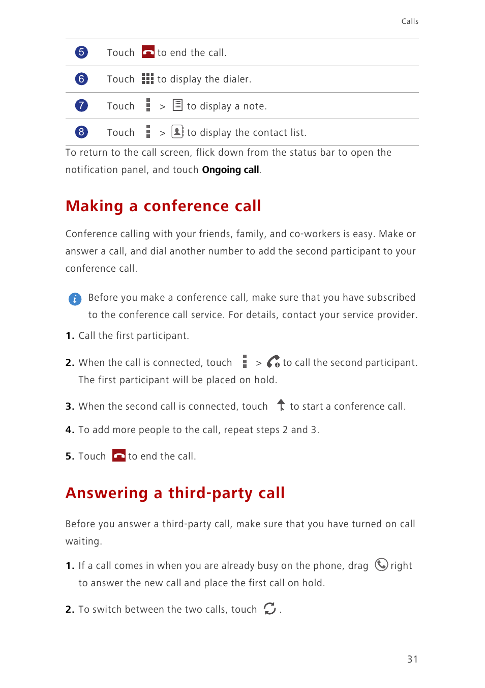 Making a conference call, Answering a third-party call | Huawei Ascend G700-U20 User Manual | Page 36 / 98