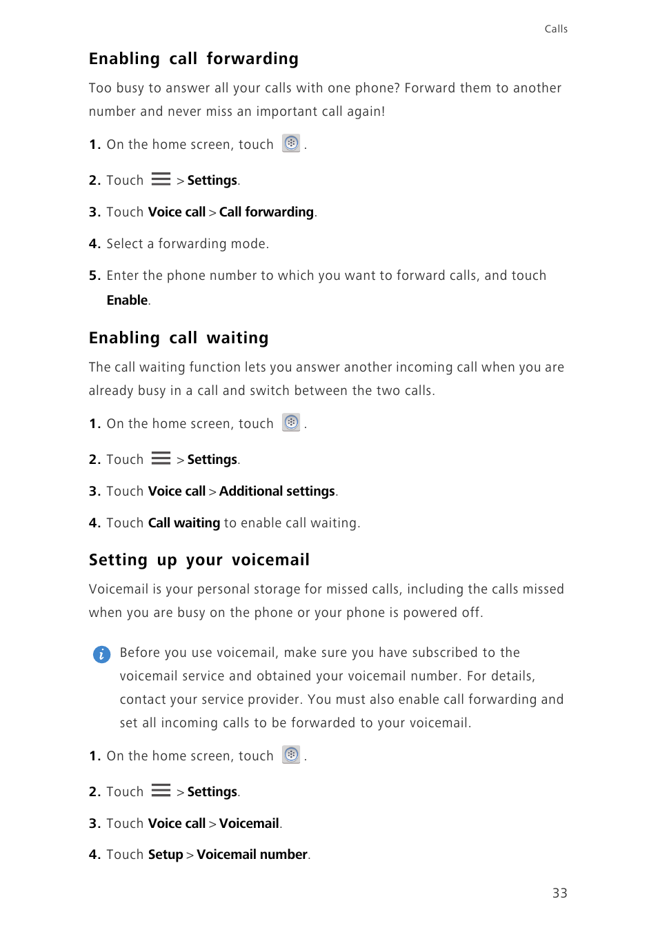 Enabling call forwarding, Enabling call waiting, Setting up your voicemail | Huawei Ascend G700-U20 User Manual | Page 38 / 98