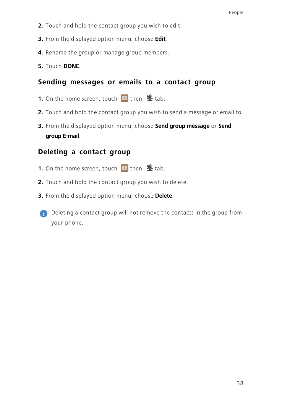 Sending messages or emails to a contact group, Deleting a contact group | Huawei Ascend G700-U20 User Manual | Page 43 / 98