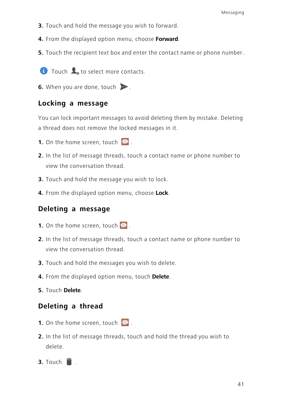 Locking a message, Deleting a message, Deleting a thread | Huawei Ascend G700-U20 User Manual | Page 46 / 98