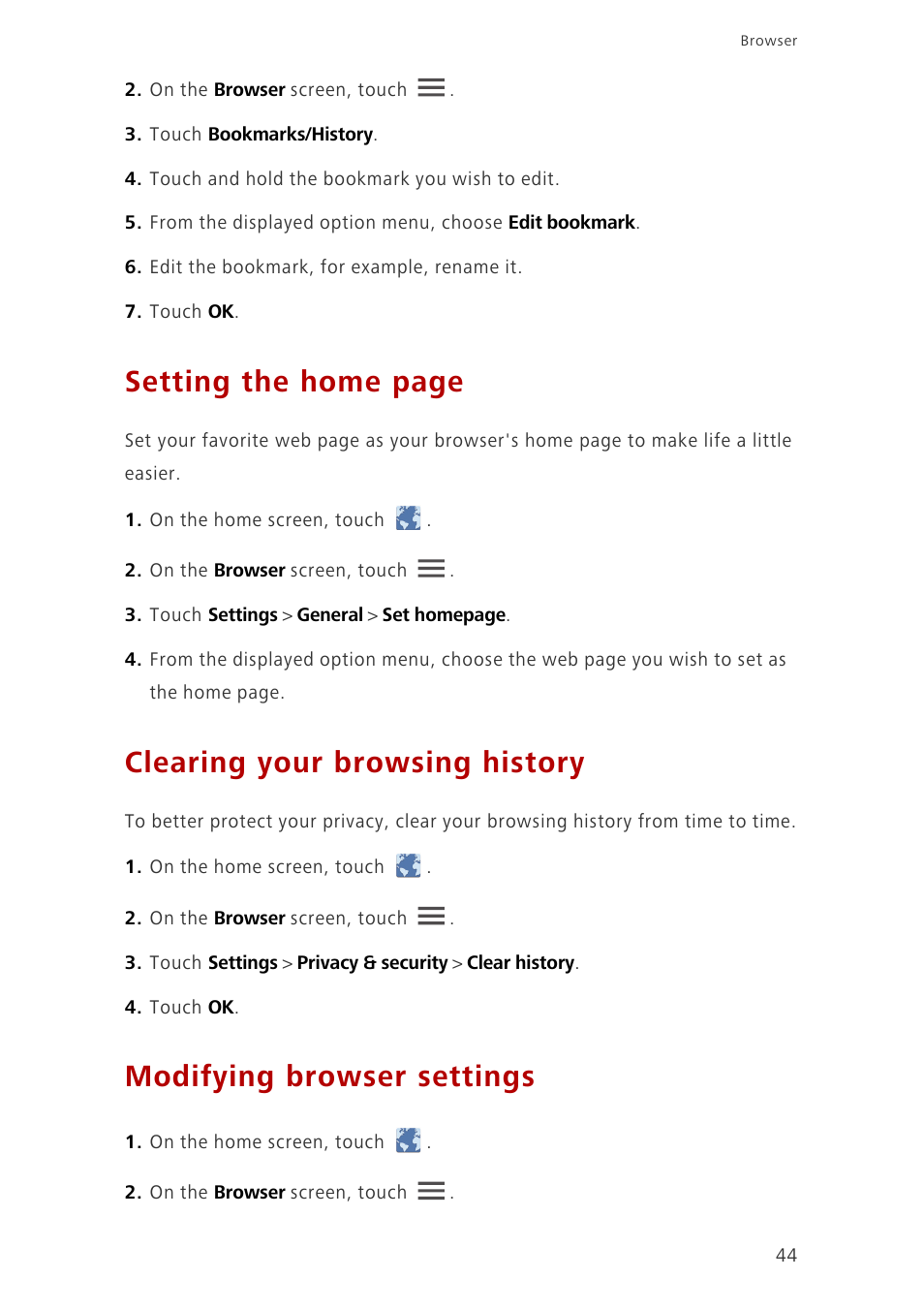 Clearing your browsing history, Modifying browser settings, Setting the home page | Huawei Ascend G700-U20 User Manual | Page 49 / 98