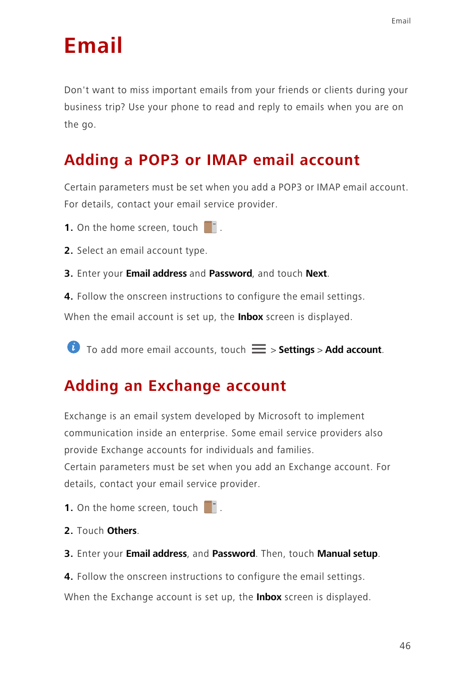 Email, Adding a pop3 or imap email account, Adding an exchange account | Huawei Ascend G700-U20 User Manual | Page 51 / 98