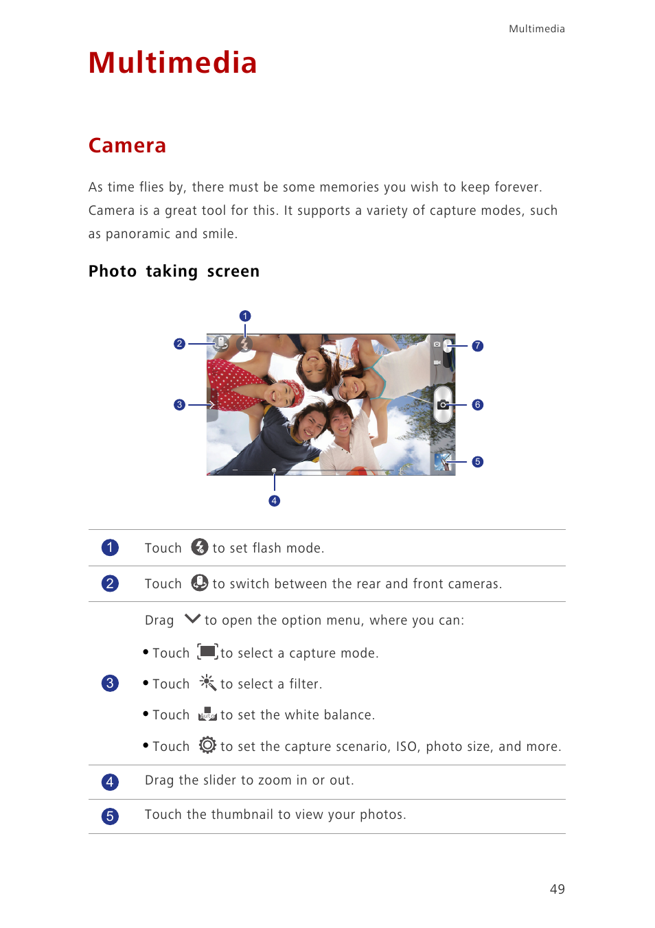 Multimedia, Camera, Photo taking screen | Huawei Ascend G700-U20 User Manual | Page 54 / 98