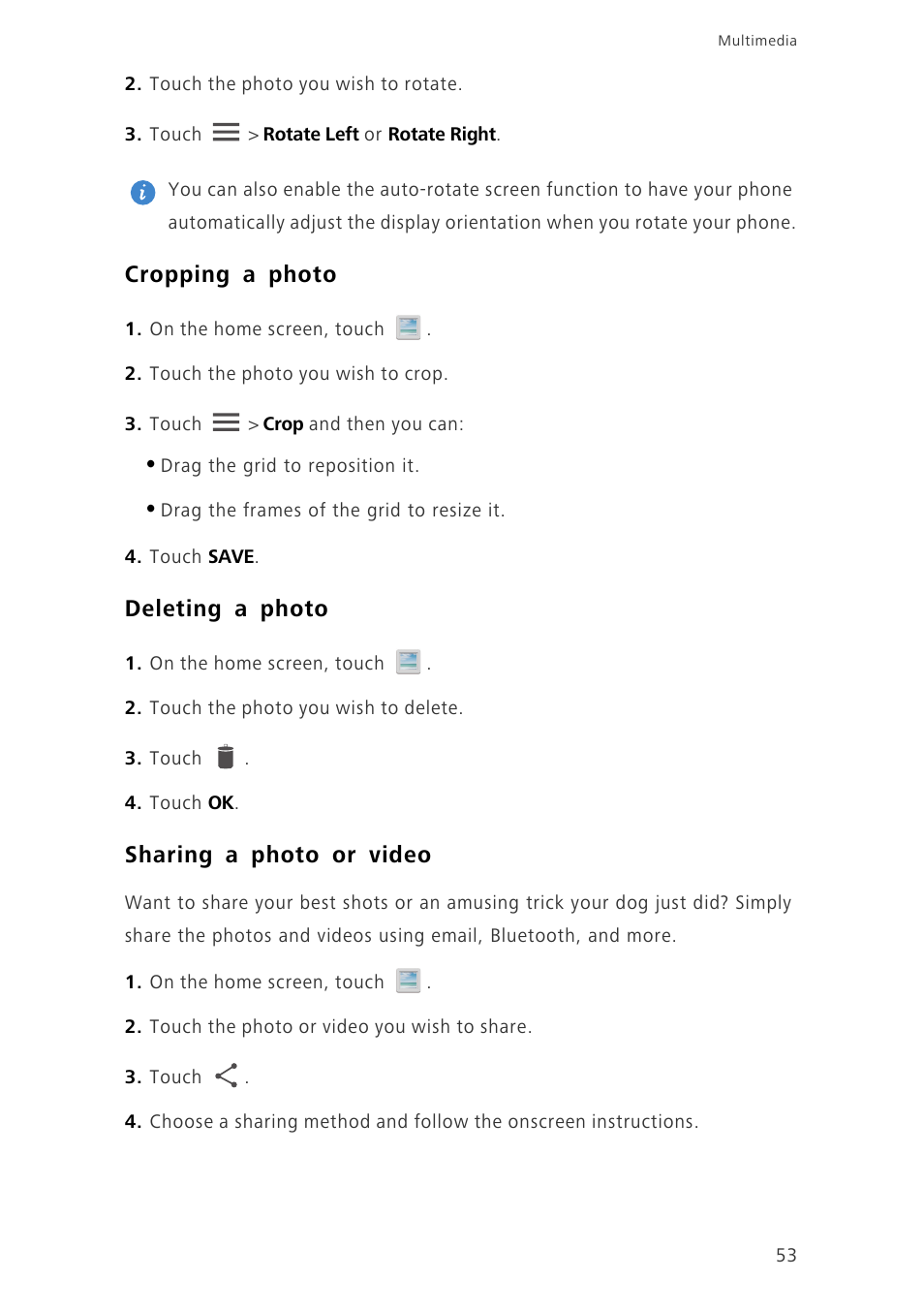 Cropping a photo, Deleting a photo, Sharing a photo or video | Huawei Ascend G700-U20 User Manual | Page 58 / 98