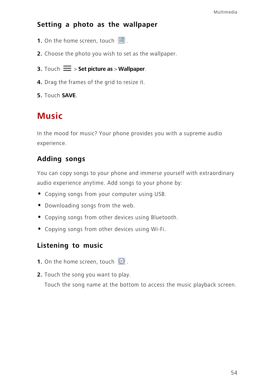 Setting a photo as the wallpaper, Music, Adding songs | Listening to music | Huawei Ascend G700-U20 User Manual | Page 59 / 98