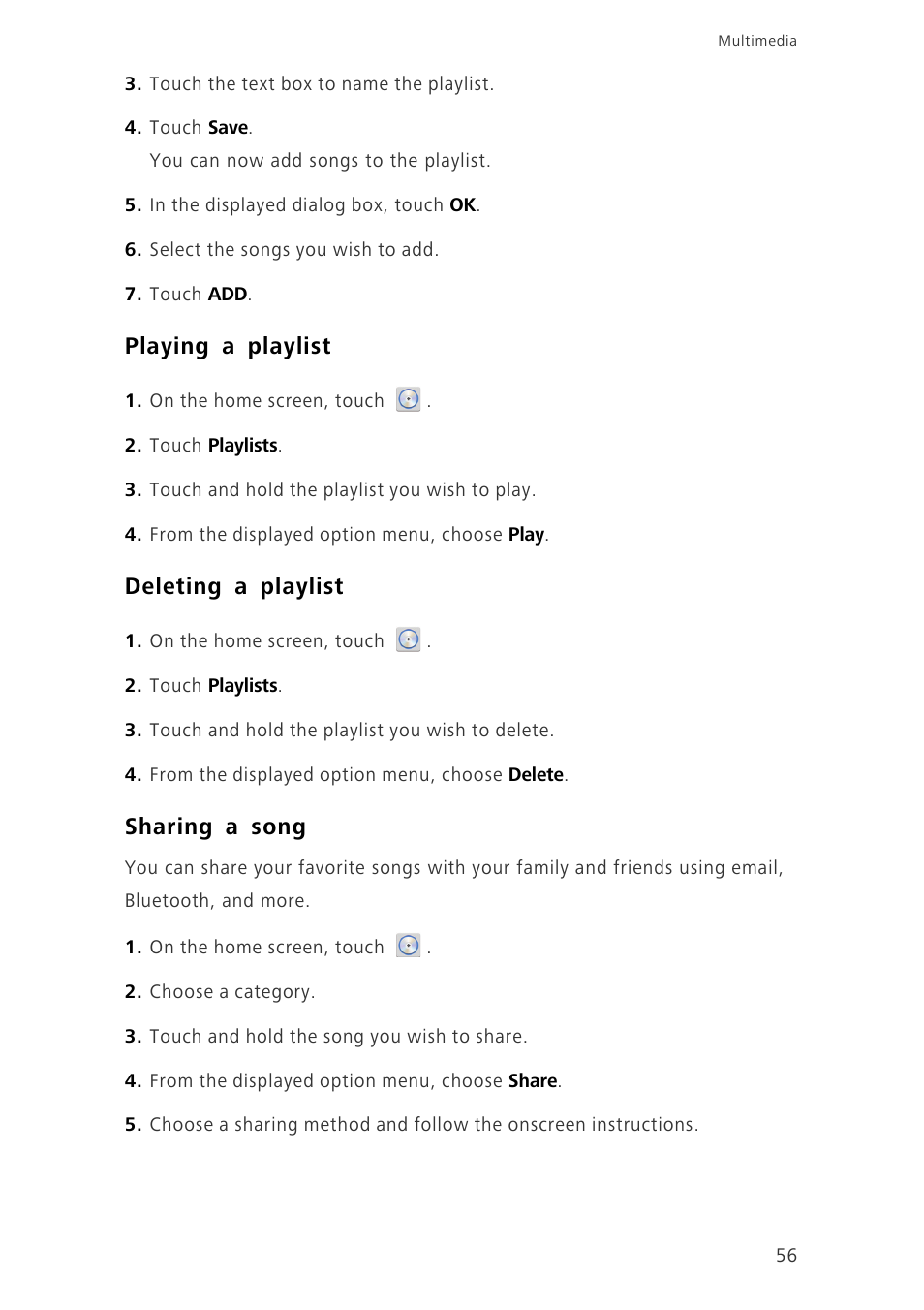 Playing a playlist, Deleting a playlist, Sharing a song | Huawei Ascend G700-U20 User Manual | Page 61 / 98