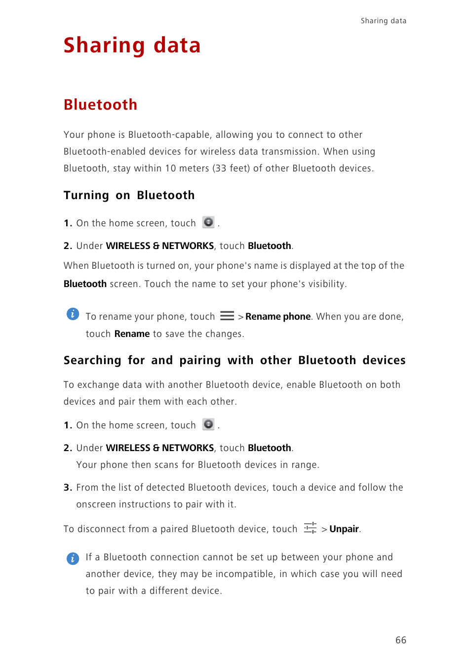 Sharing data, Bluetooth, Turning on bluetooth | Huawei Ascend G700-U20 User Manual | Page 71 / 98