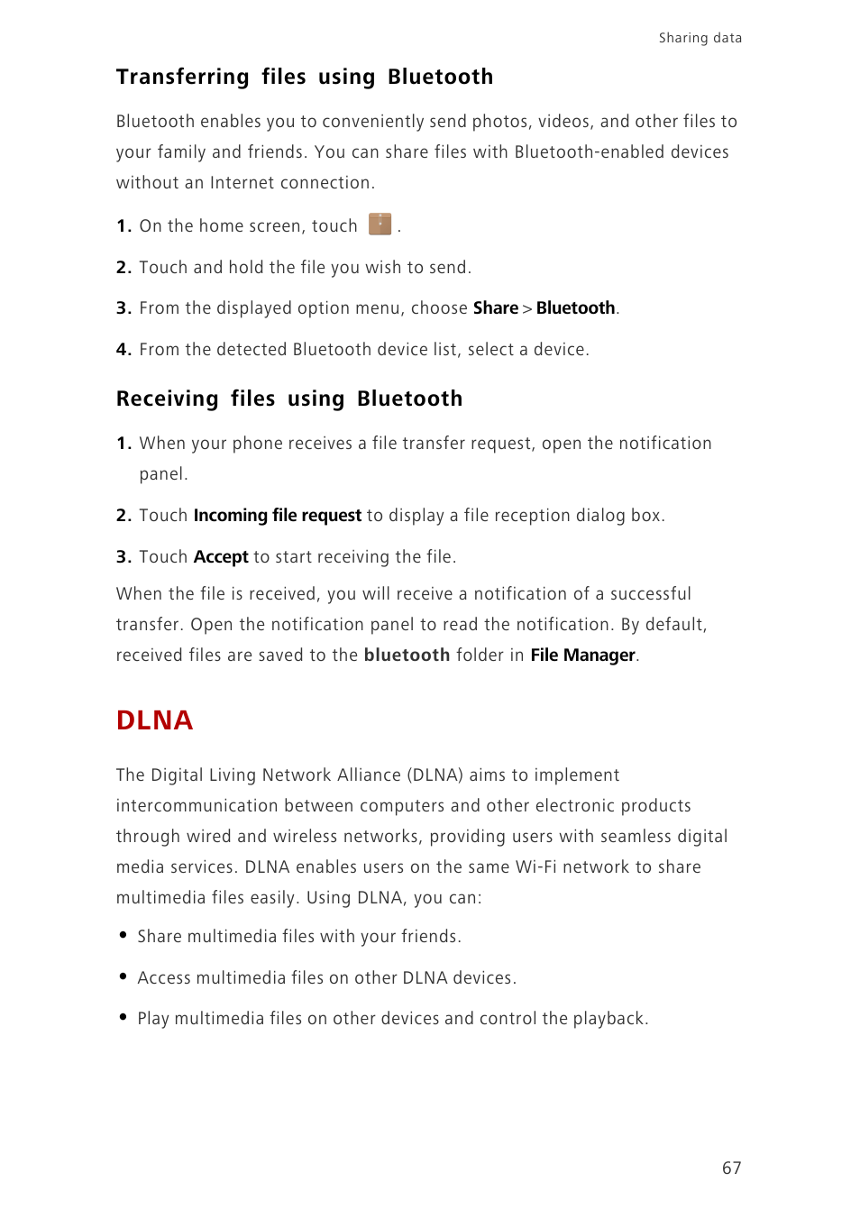 Transferring files using bluetooth, Receiving files using bluetooth, Dlna | Huawei Ascend G700-U20 User Manual | Page 72 / 98