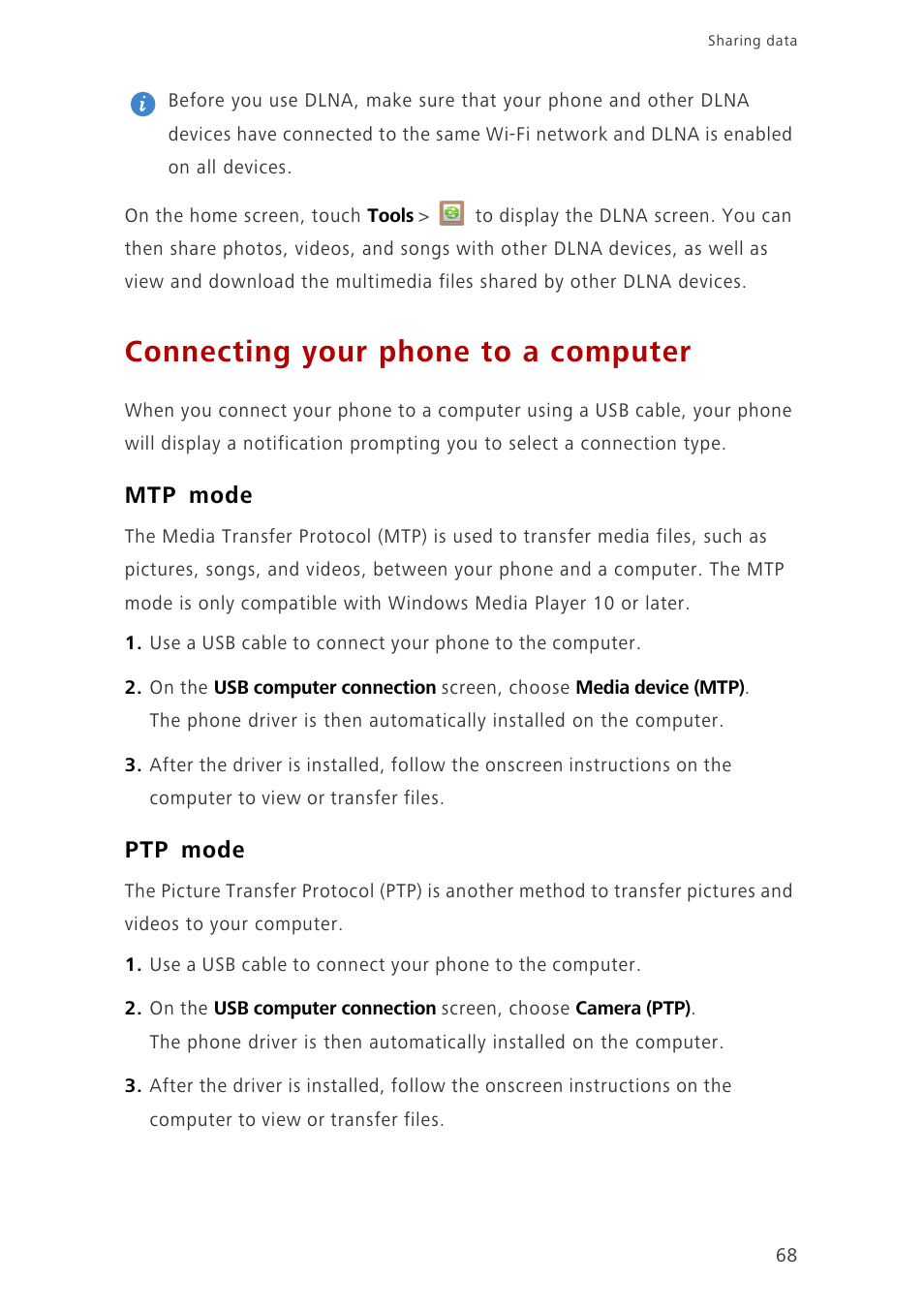 Connecting your phone to a computer, Mtp mode, Ptp mode | Huawei Ascend G700-U20 User Manual | Page 73 / 98